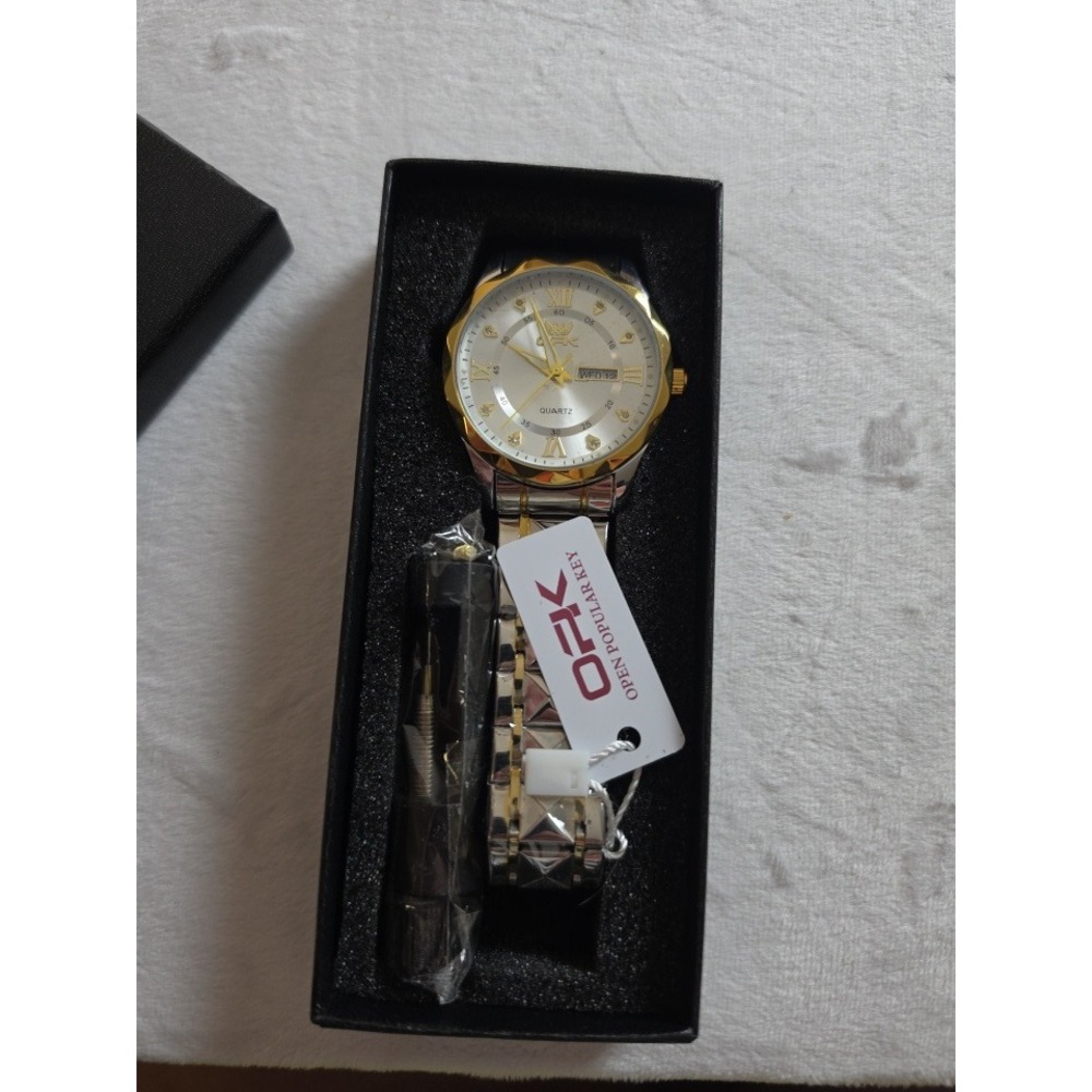 OPK Mens Two Tone Gold Silver Quartz Watch Day Date Crystal Markers New Box